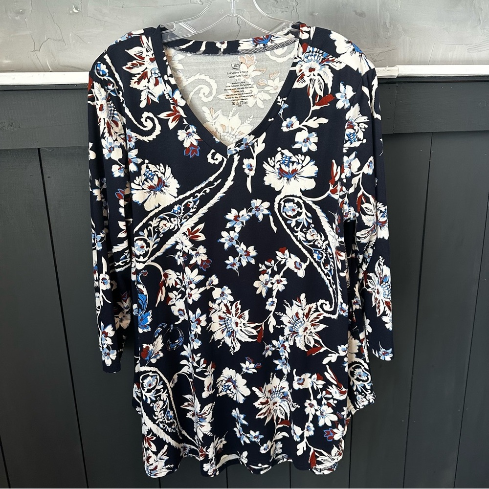 Lildy Women’s Floral Paisley Print Swing Stretch‎ Tunic Top Navy Blue Size L-XL